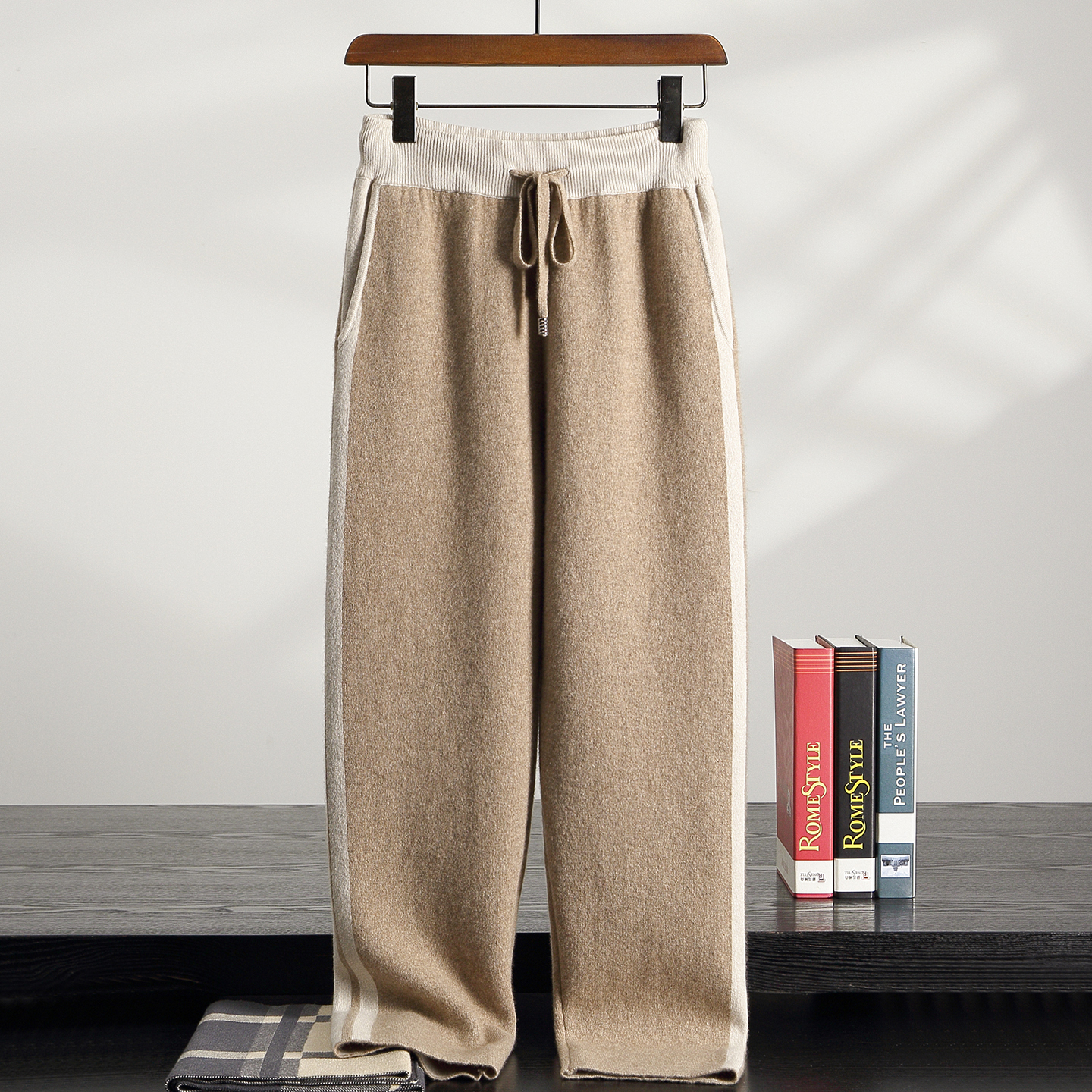 秋冬纯山羊绒男士加厚保暖空气层阔腿直筒裤运动休闲针织裤子097S