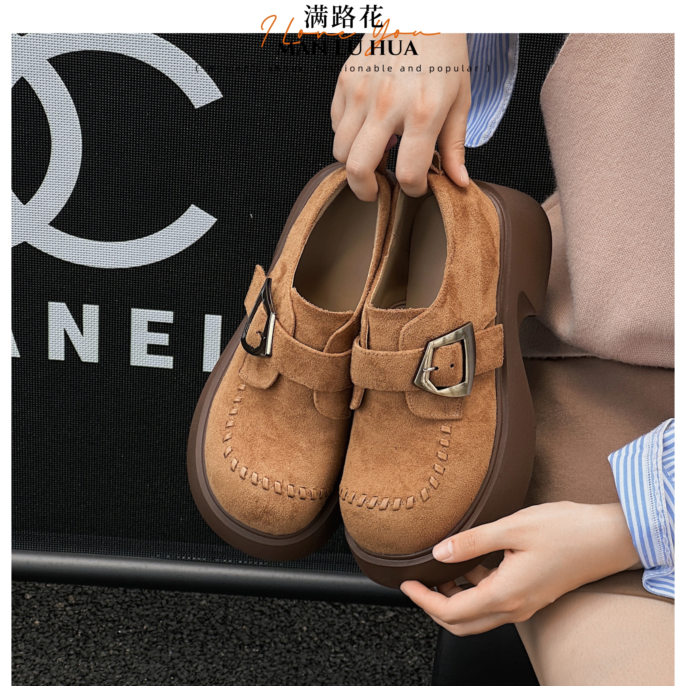 勃肯鞋女款厚底增高小个子软底秋季不累脚休闲乐福鞋女真皮5102-7