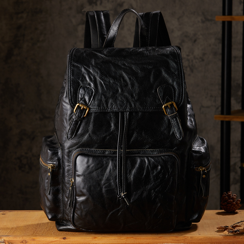 手工原创植鞣牛皮双肩包男大容量时尚头层牛皮电脑包百搭个性书包