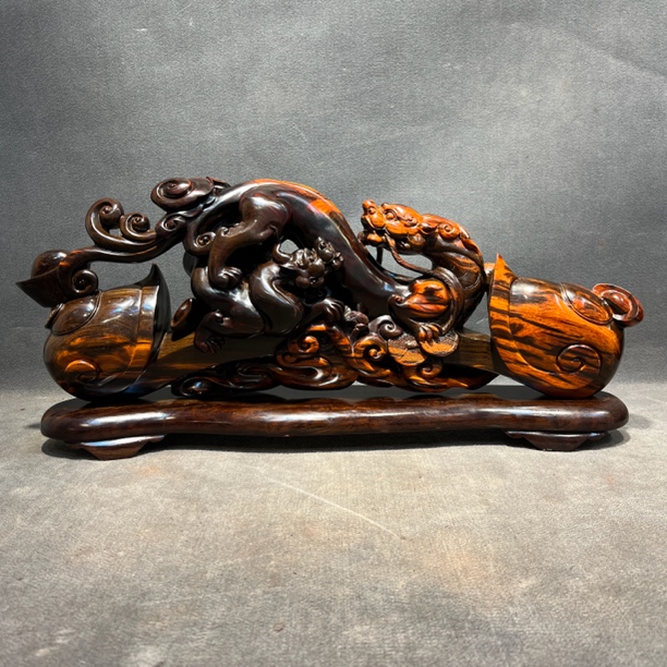 老挝酸枝雕嗤龙如意摆件招财工艺品