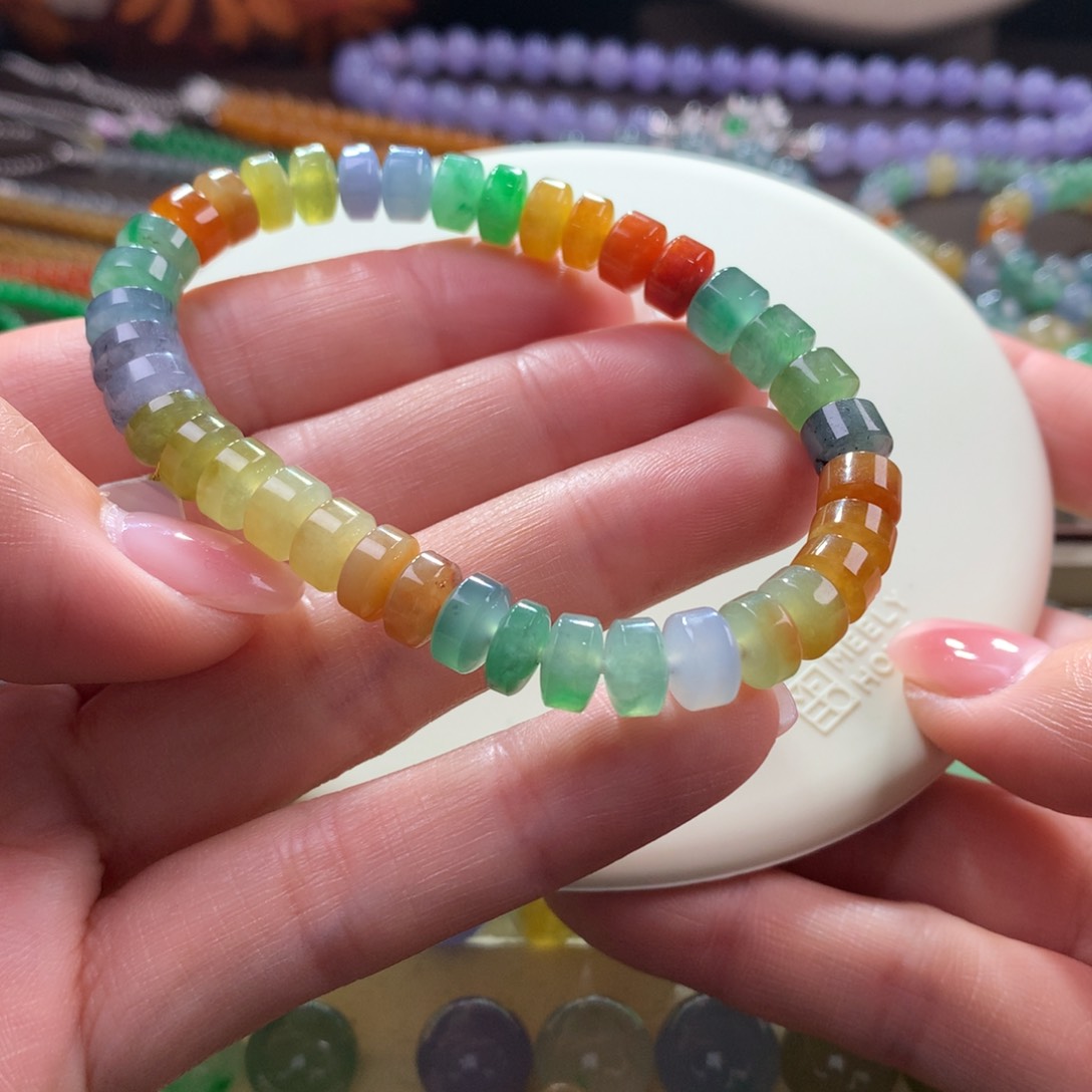 翡翠手链未镶嵌浓艳彩虹多宝桶珠卡7-8