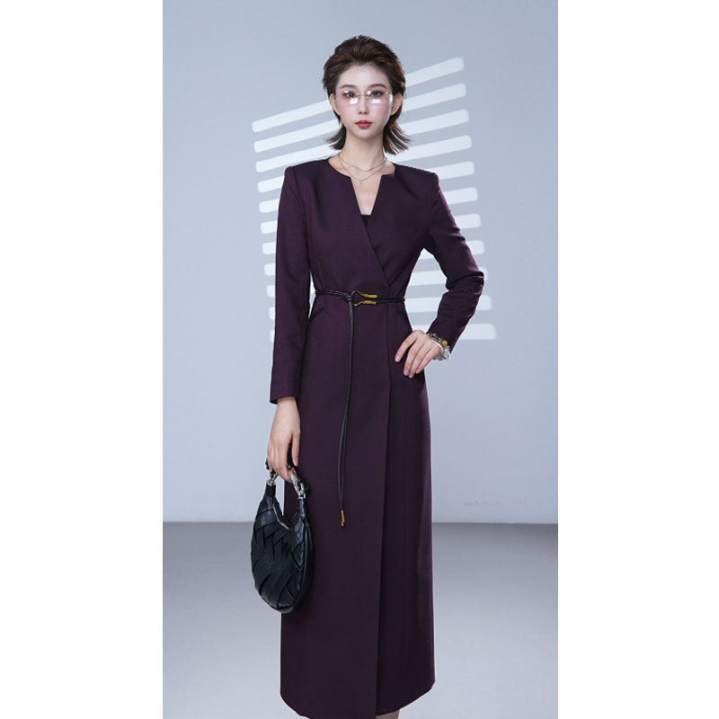 [耀飞原创3622]茄紫色气质高贵简约法式收腰显瘦时尚秋冬连衣裙