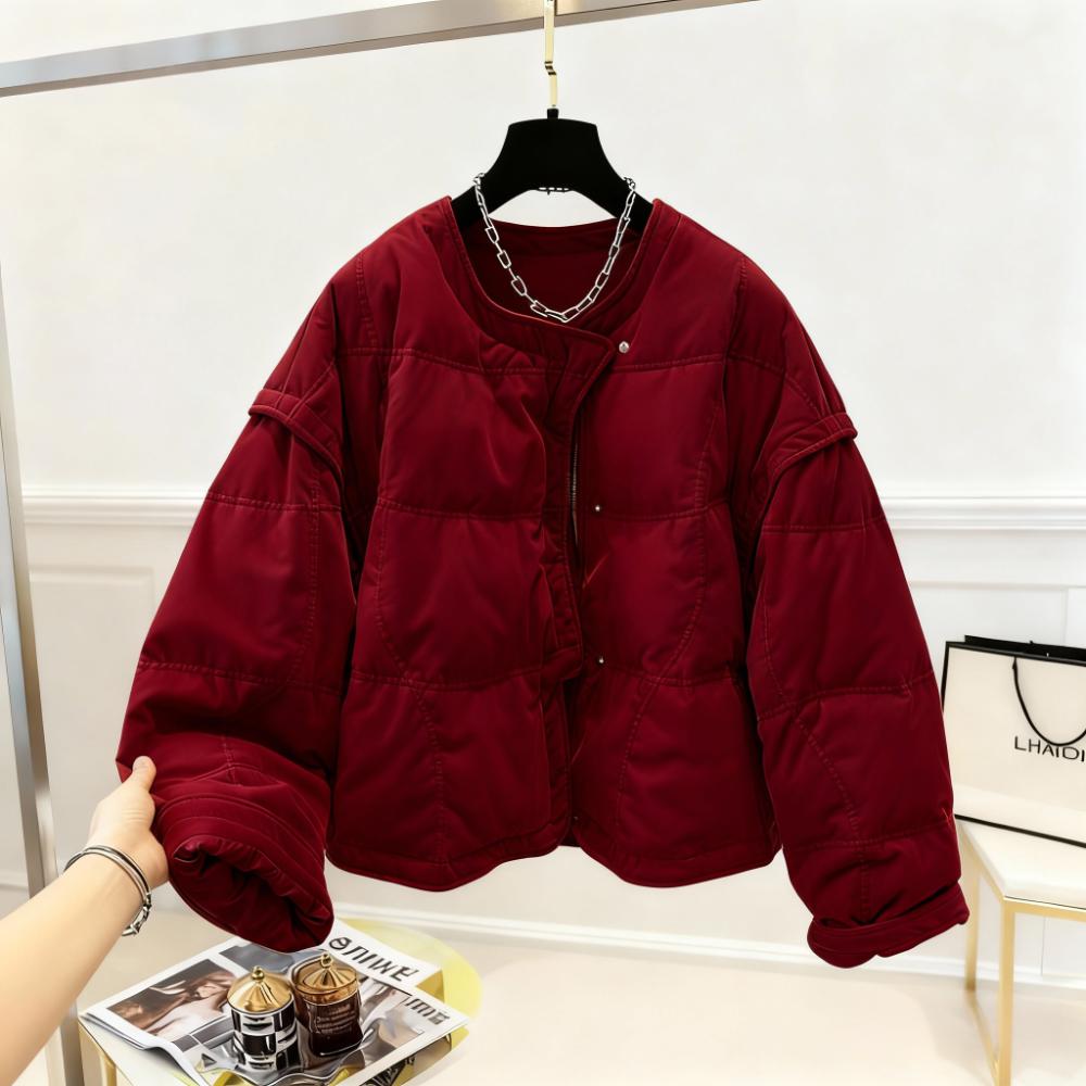 2025冬季新款老钱风红色丝绒棉服保暖外套拼接时髦通勤小众面包服