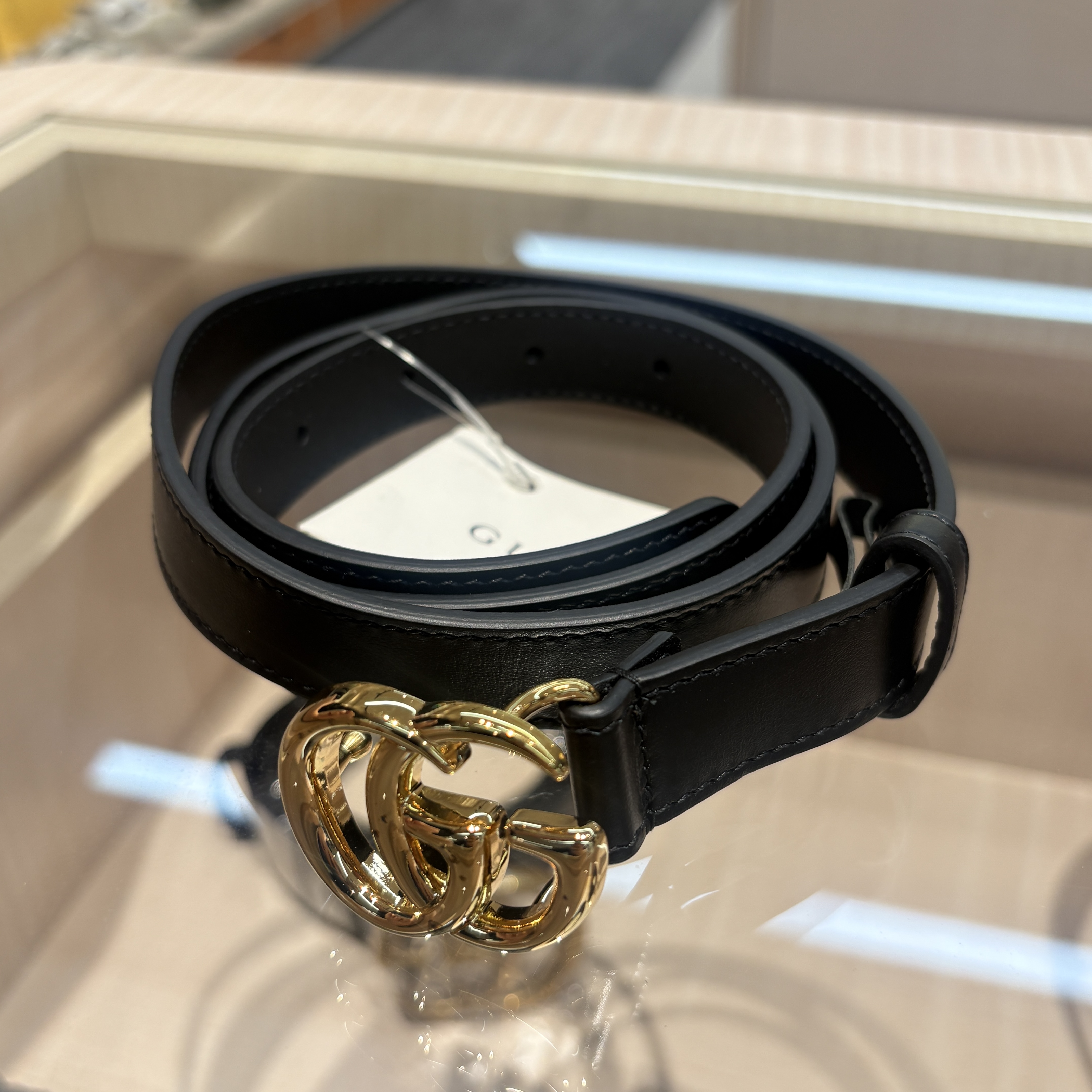 未使用 GUCCI/古驰 互扣式双G针扣 皮革 皮带 女款 黑色 宽2cm