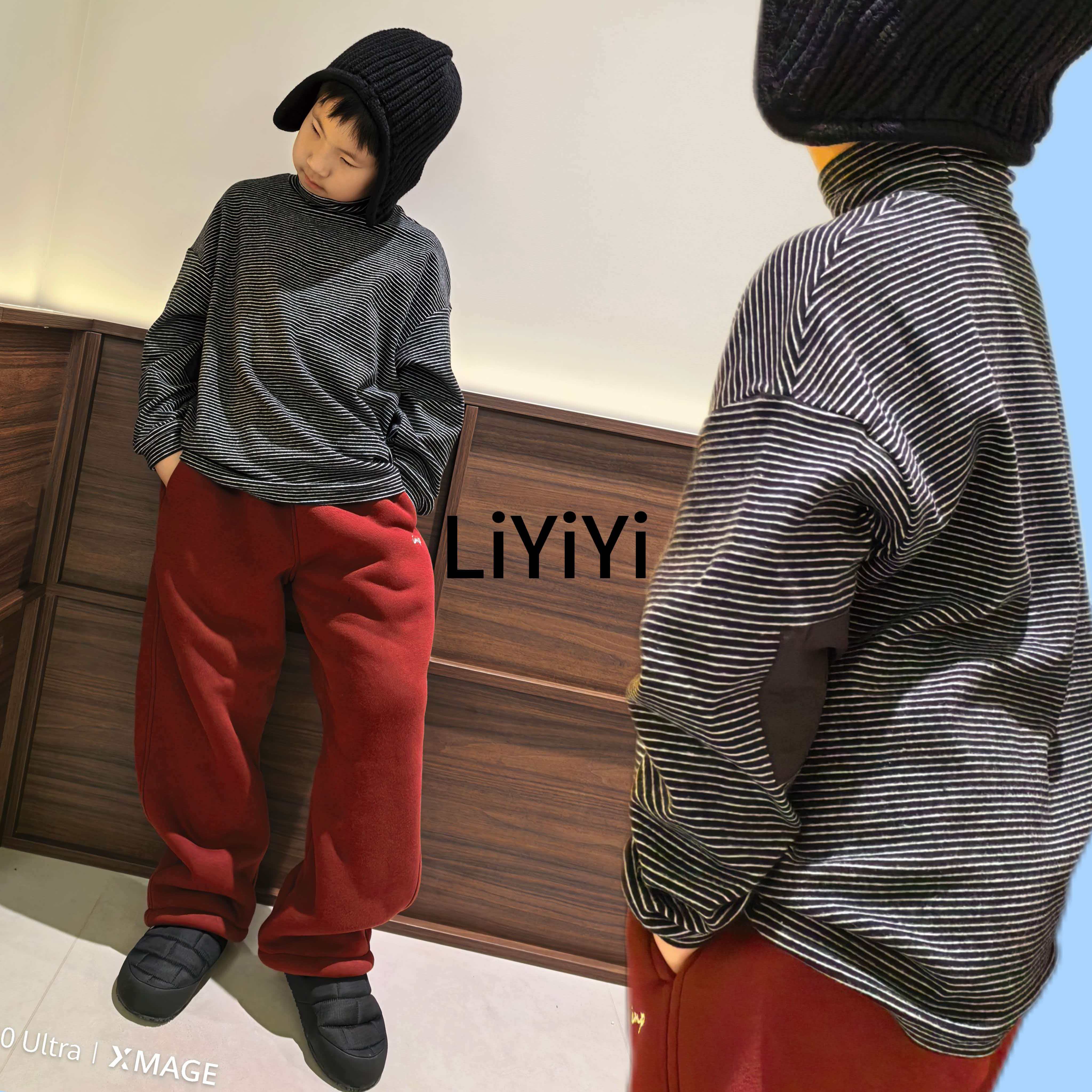 「LIUYI」亲子儿童 | 高弹条纹半高领 | 宽松百搭补丁长袖T 3086