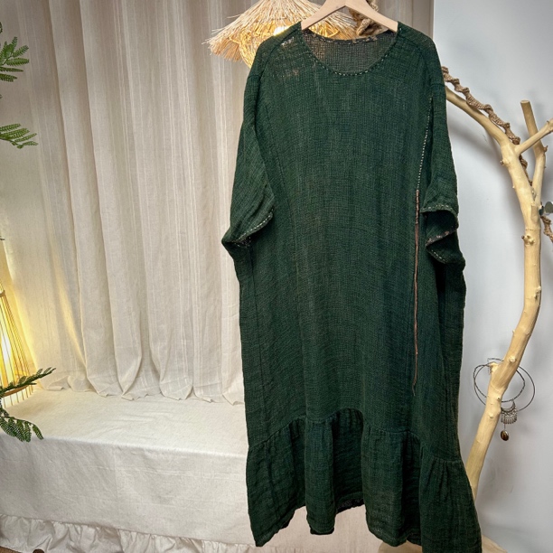 高定原创设计文艺复古合股粗麻手工缝线宽松慵懒连衣裙春夏女