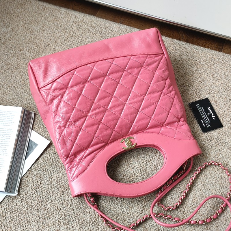 95新 Chanel/香奈儿 Azul-粉色褶皱牛皮金扣31bag小号单肩包54344