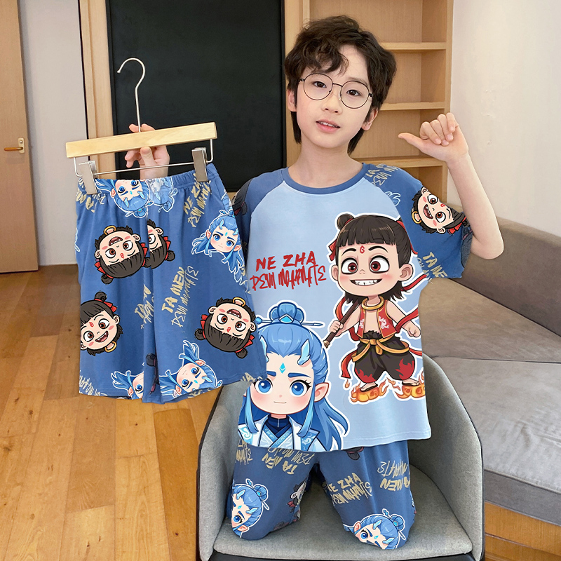 儿童睡衣男童夏季莫代尔三件套装小男孩中大童卡通宝宝家居服春秋
