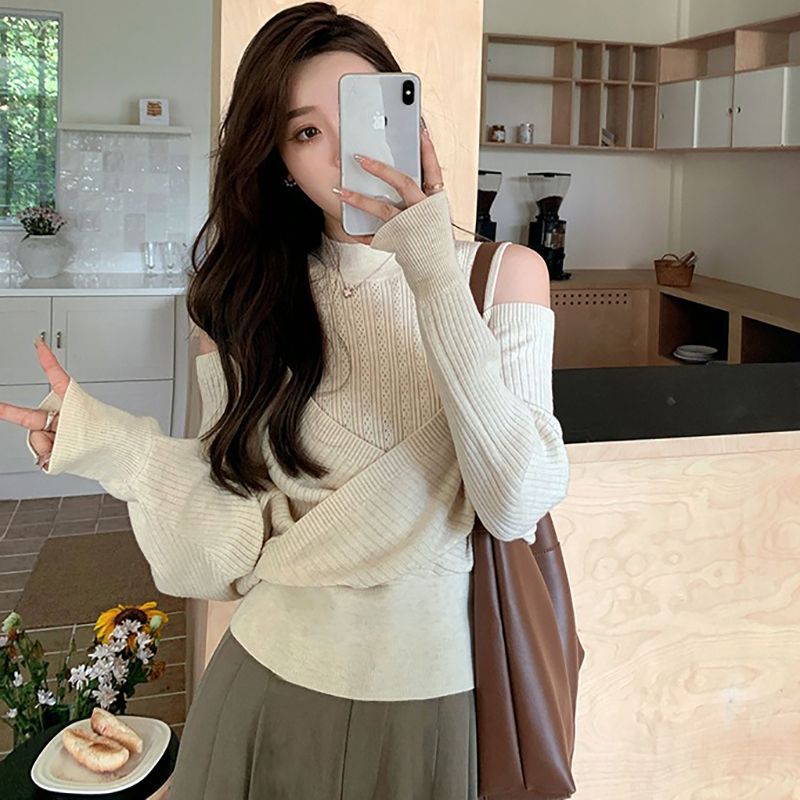 韩版不规则露肩别致显瘦针织衫女设计感拼接假两件套头内搭毛衣春
