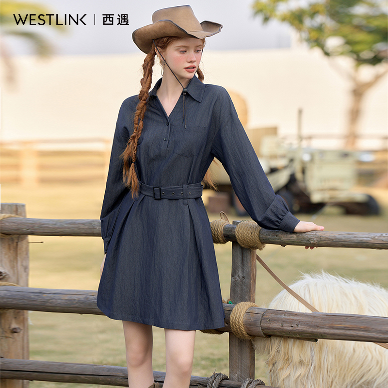 韩系复古高级感通勤气质衬衫裙女2025春季长袖连衣裙配腰带