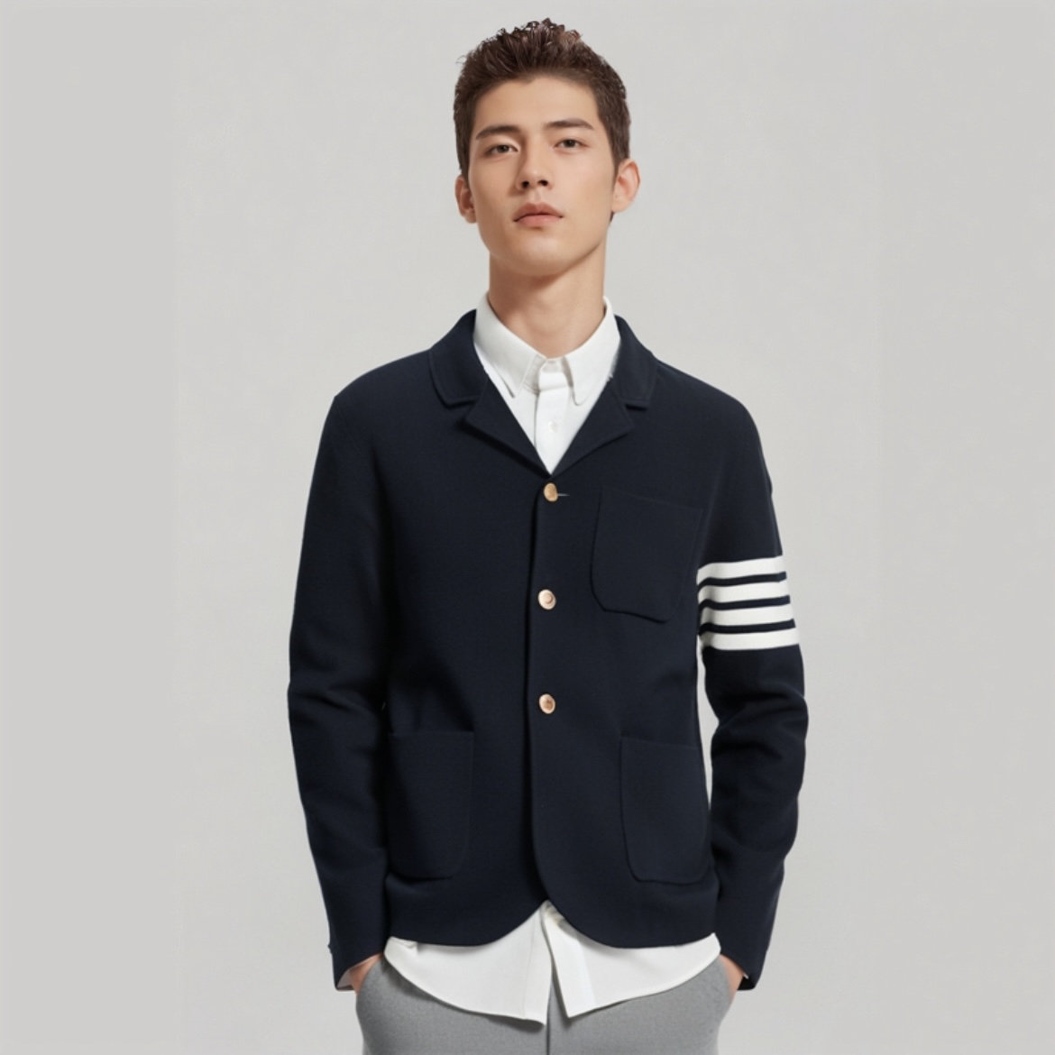 99新 THOMBROWNE 6000/THOM BROWNE 深蓝色四条纹贴袋外套/4码