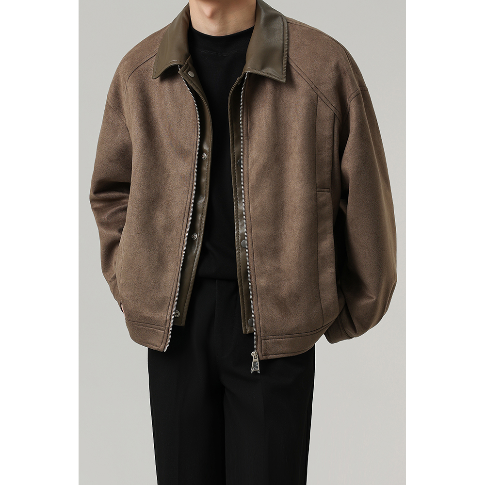 男士假两件拼接短款翻领上衣外套男春秋季韩版休闲宽松工装夹克潮