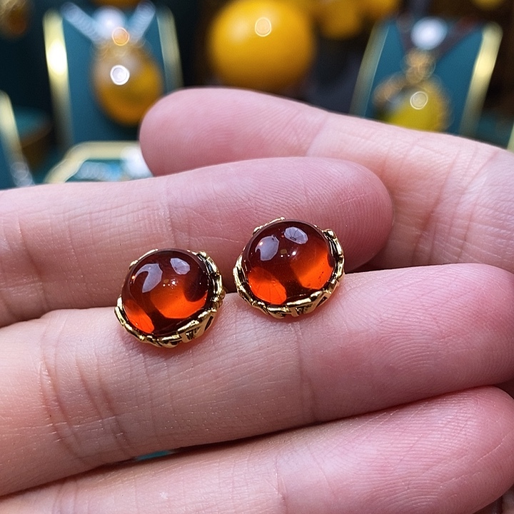 血珀耳饰银S925镀金镶嵌