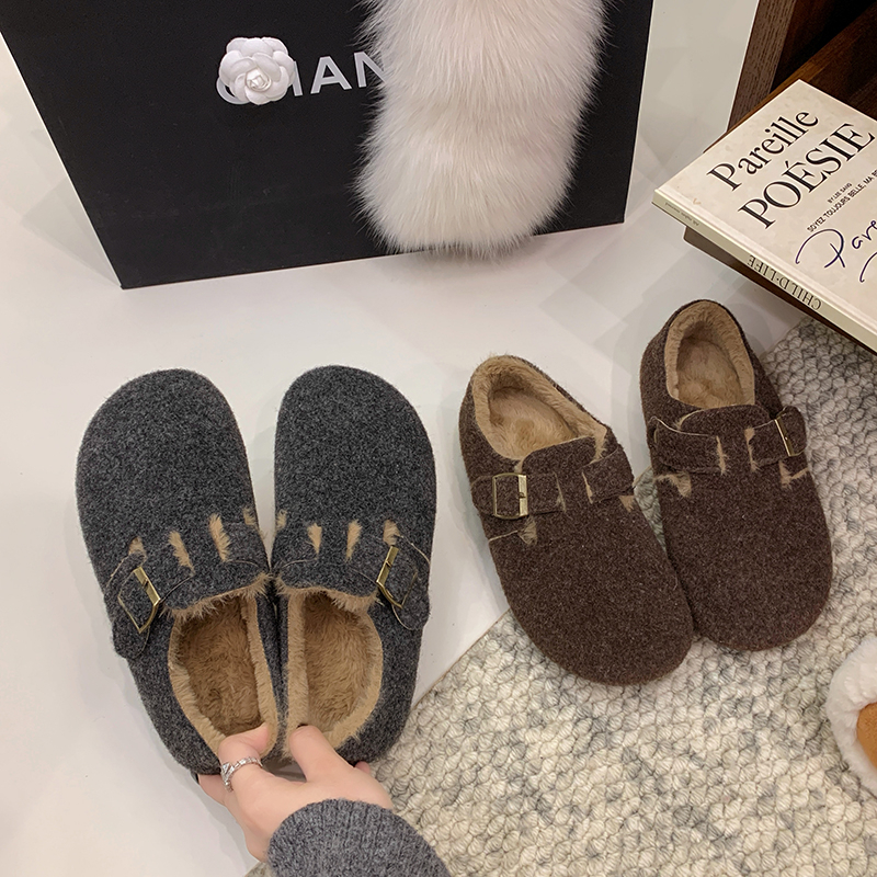 全包勃肯鞋女加绒保暖毛毛鞋2025冬季新款复古百搭毛绒灰色博肯鞋