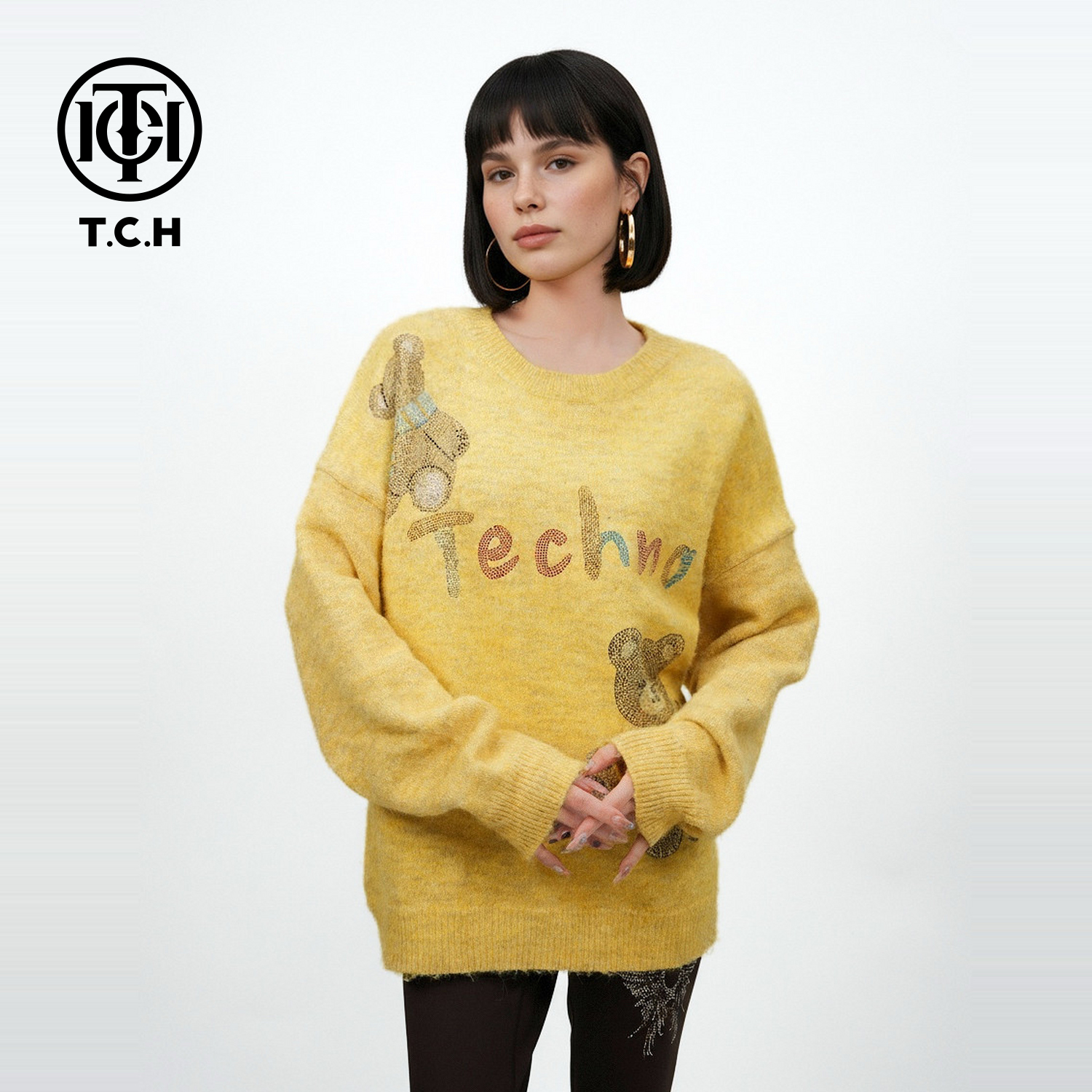 TCH【简约时尚】冬款保暖新潮流烫钻女装鹅黄色针织衫T75D09E1092