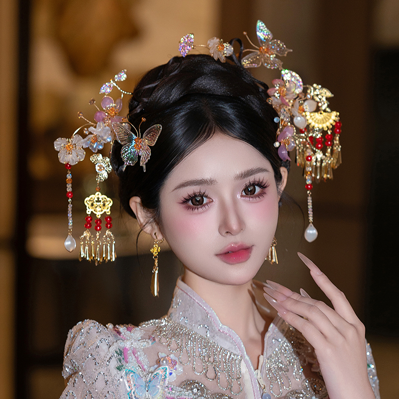 G399新娘中式秀禾头饰高级蓝粉色浅色秀禾服发饰减龄花朵蝴蝶发饰