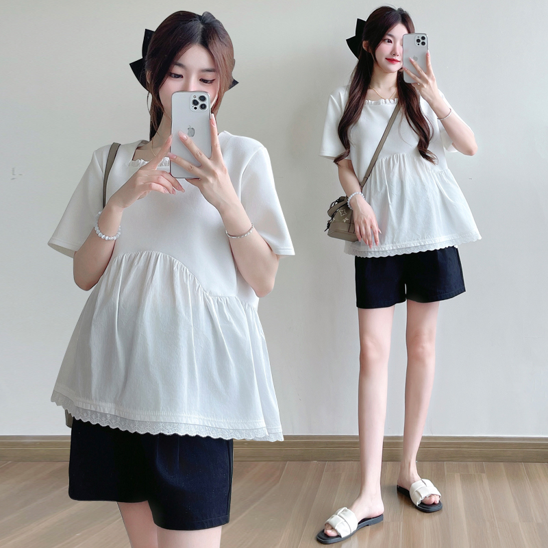 孕妇装韩版夏季蕾丝花边方领白色短袖娃娃衫宽松藏肉T恤产后可穿