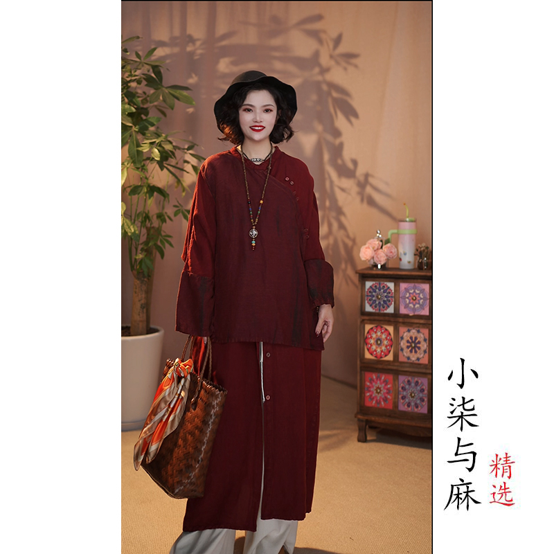 【小柒与麻】新款亚麻假两件斜襟全开襟裙袍（衣长118胸围150）酒红色