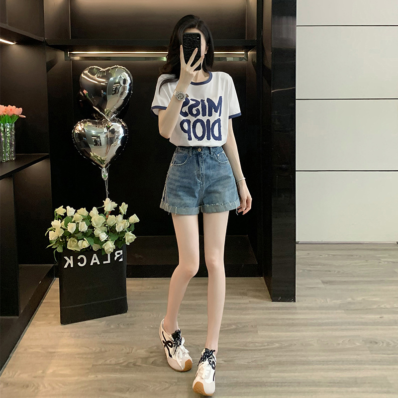 白色撞色t恤女短袖正肩夏季宽松上衣牛仔短裤女薄款a字阔腿热裤子