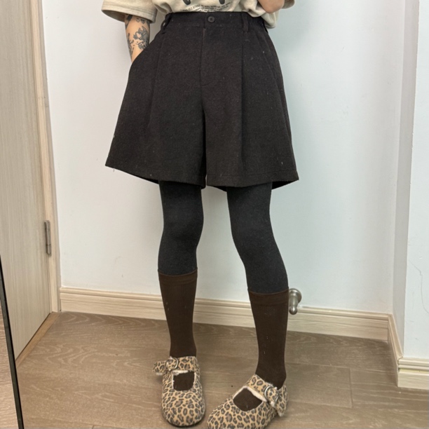 【San W】冬季极简轻奢羊毛呢高腰纯色中裤休闲百搭