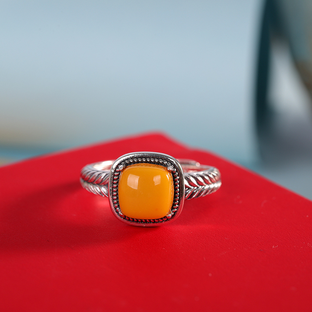 S925银复古个性镶嵌蜜蜡方形麦穗指环百搭开口戒指