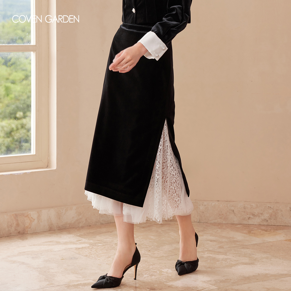 【周周专属】哥文花园CLA4075610黑白拼接法式长款半身裙