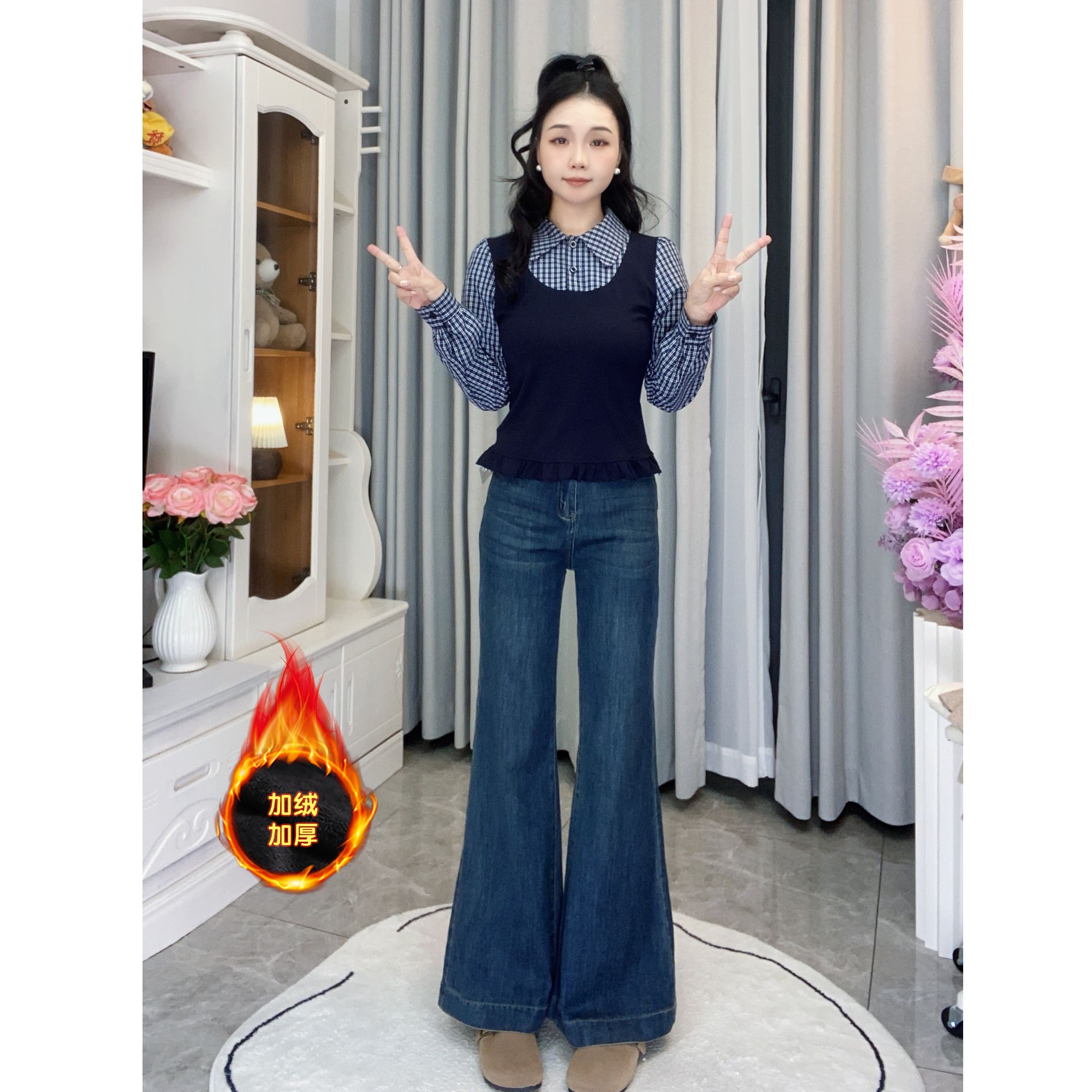 PERIKAS复古蓝牛仔裤秋季新款百搭宽松弹力垂感高腰喇叭裤时尚