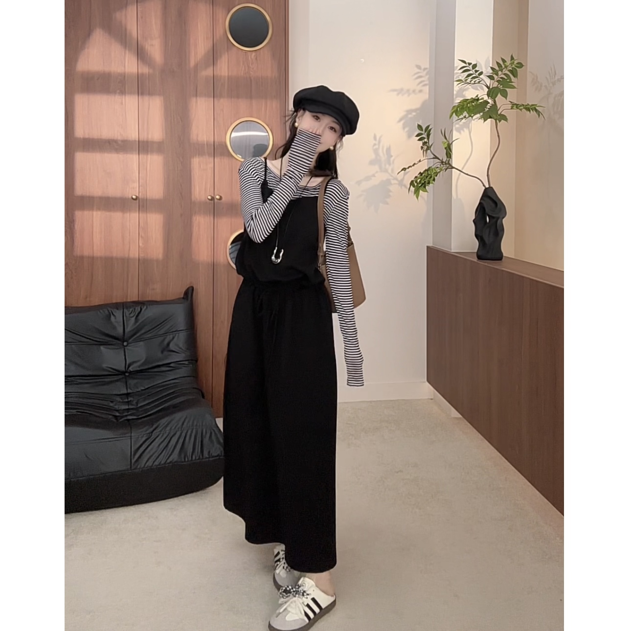 韩系时尚套装女2025早秋季新款3146条纹长袖打底吊带连衣裙两件套