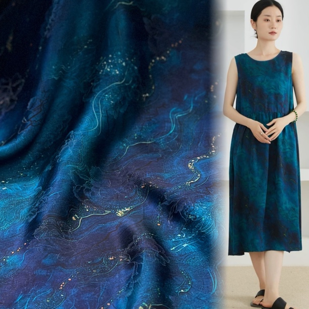 海蓝香云纱提花面料幅宽1.4m连衣裙袍子大摆裙套装
