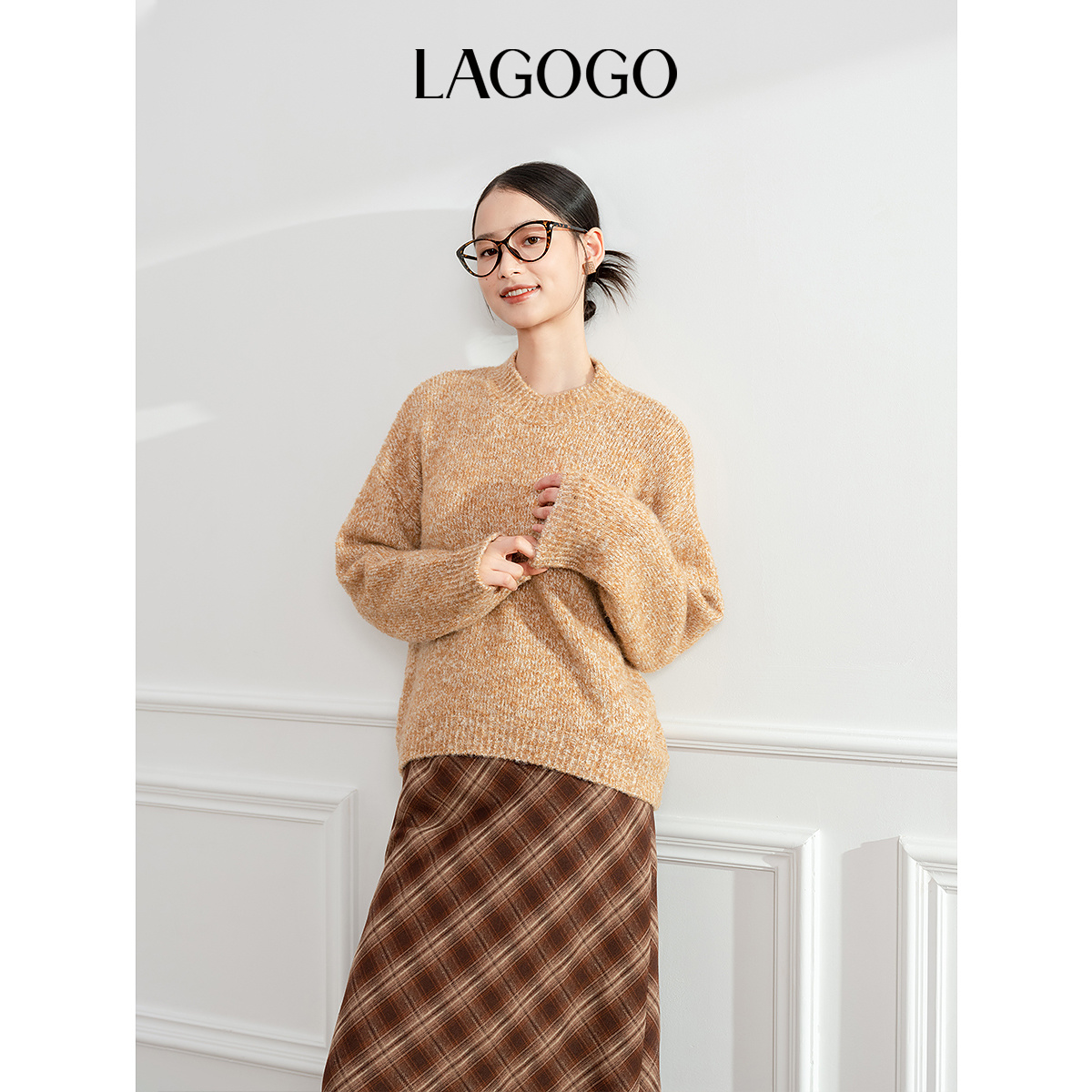 lagogo拉谷谷新款含羊毛落肩舒适弹力针织衫女NCMM46XA21