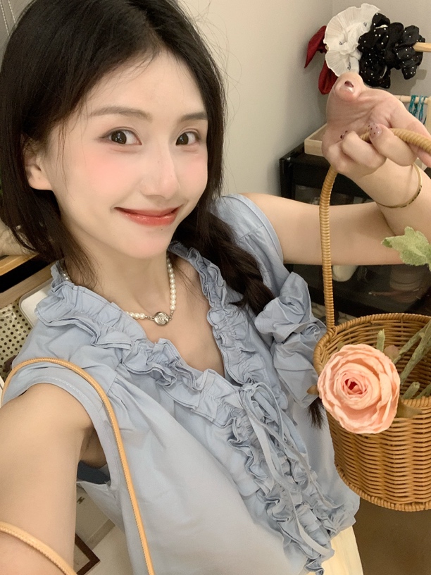 MeetYou私享 V领背心系扣无袖夏季衬衫洋气气质衫小衫显瘦荷叶边