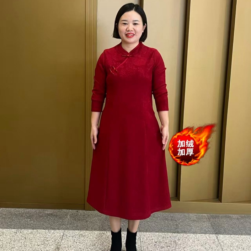 1035秋冬新款加绒保暖改良旗袍裙遮肉显瘦提花连衣裙