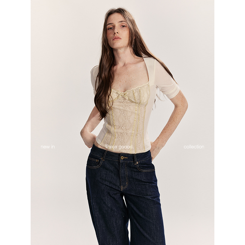 THREE GOOOD/三吉茶系甜心 蕾丝拼接丝绒中袖上衣内搭Y725U12616