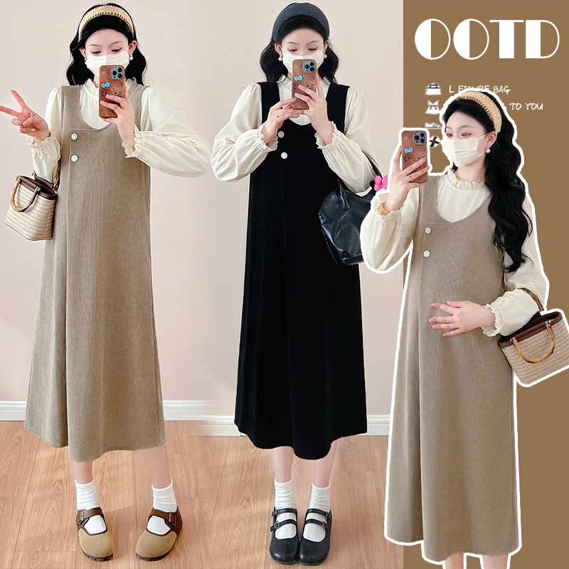 「圈圈优选」春秋2025新款孕妇背带裙显瘦时尚A子裙打底衫两件套女