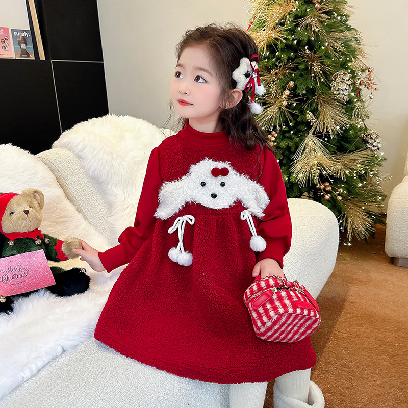 女童加绒连衣裙套装秋冬款儿童拜年服公主裙宝宝冬季喜庆礼服裙子