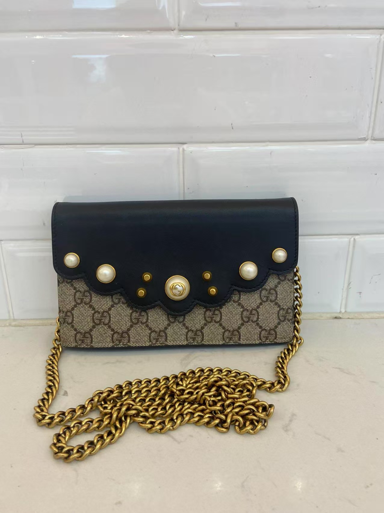 95新 GUCCI/古驰 GUCCI/古驰 老花珍珠woc斜挎包bwz11710