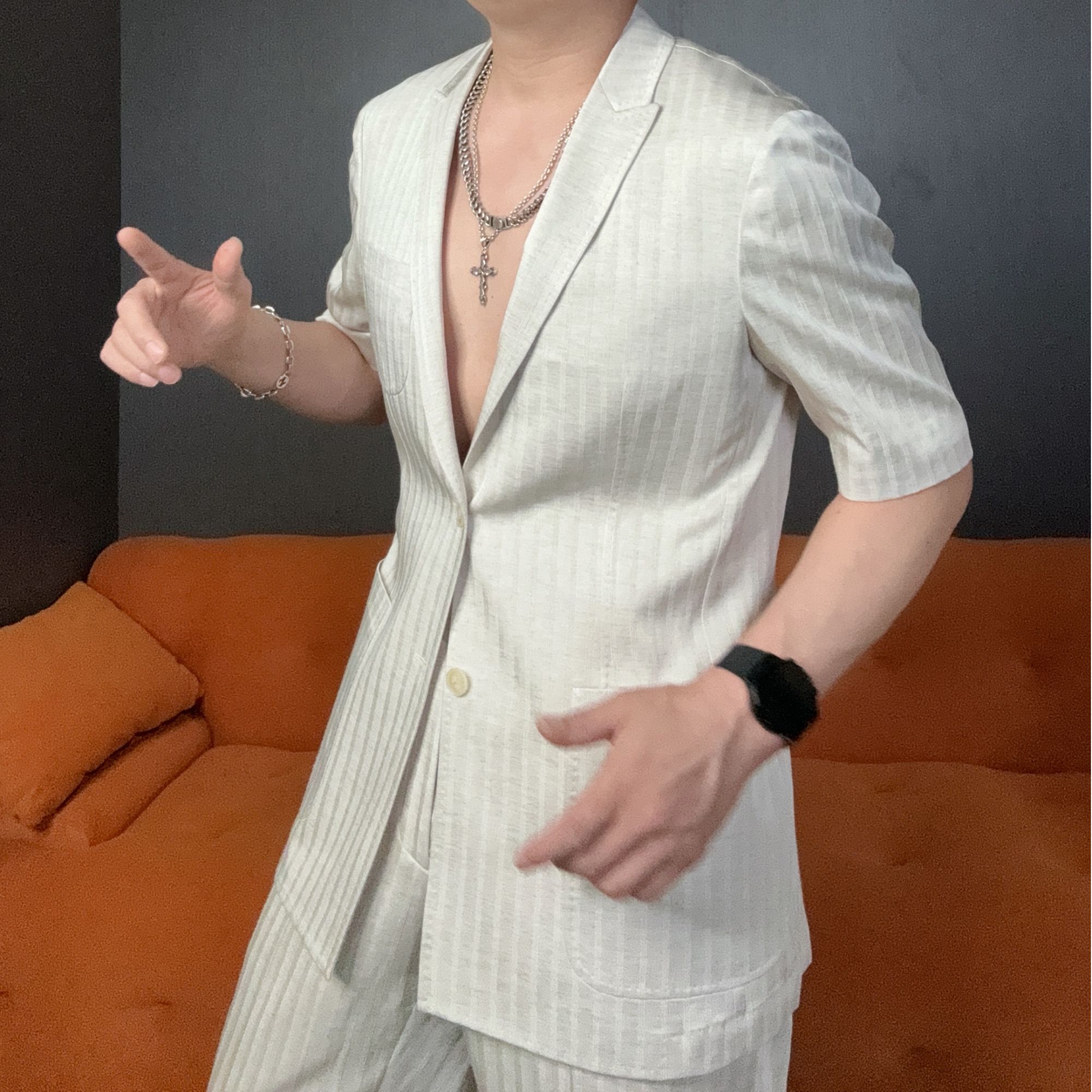 WZZ男夏季亚麻条纹短袖西服套装轻薄凉爽休闲商务高级感设计时尚