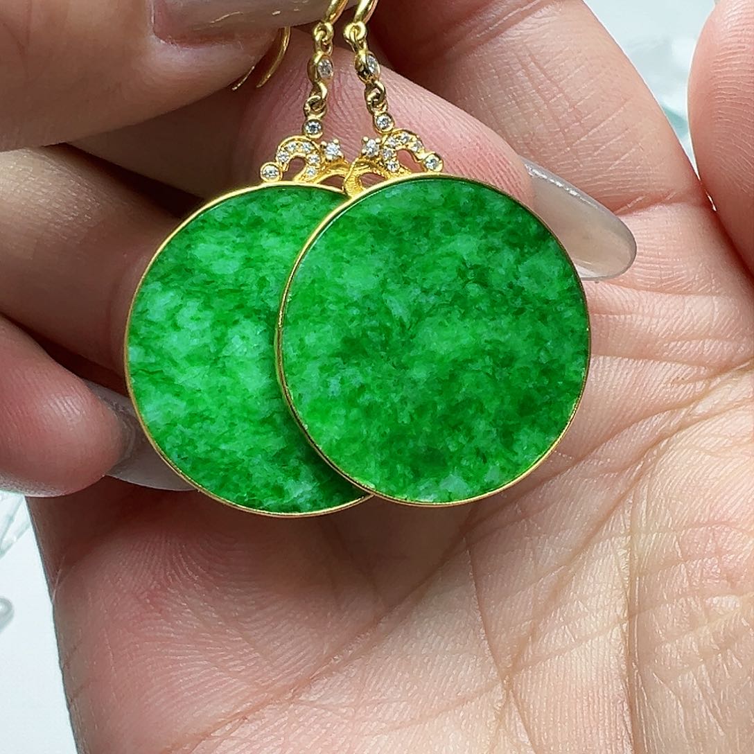 翡翠耳饰18K金镶嵌林天然缅甸A货翡翠