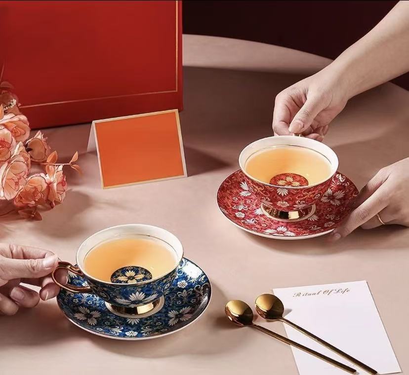 AN娜礼盒装家用复古轻奢珐琅陶瓷杯英式茶具杯碟咖啡杯