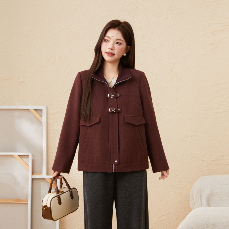 采多宝大码女装胖mm2025冬款银丝罗纹领星光尼大衣外套 EDW6085