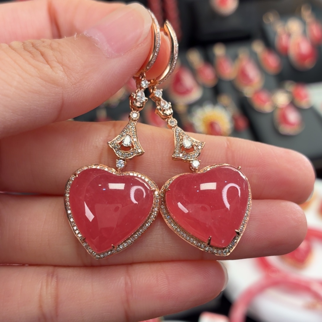 菱锰矿（红纹石）18K金镶嵌耳坠