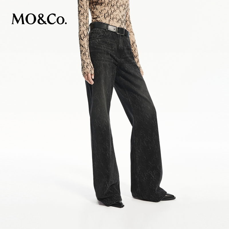 【陈大可专属】MOCO牛仔裤秋洗褪棉镭射老花中低腰阔腿裤MBD3JEN022