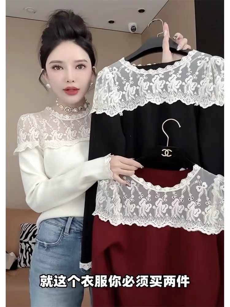 1986款网红新款时尚打底衫女欧货蕾丝刺绣拼接假两件
