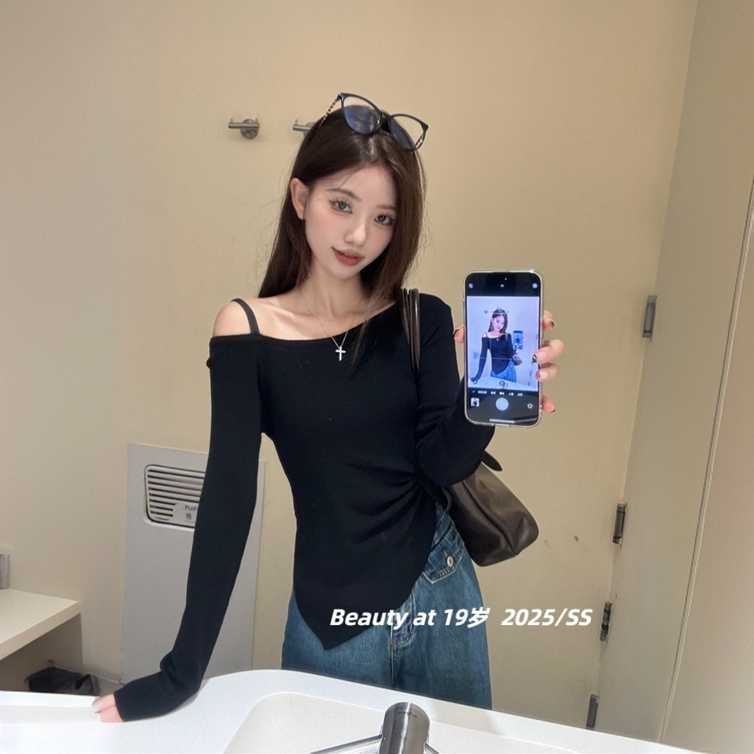 【青青】大码辣妹不规则露肩纯色t恤春季内搭打底衫胖M显瘦上衣6252