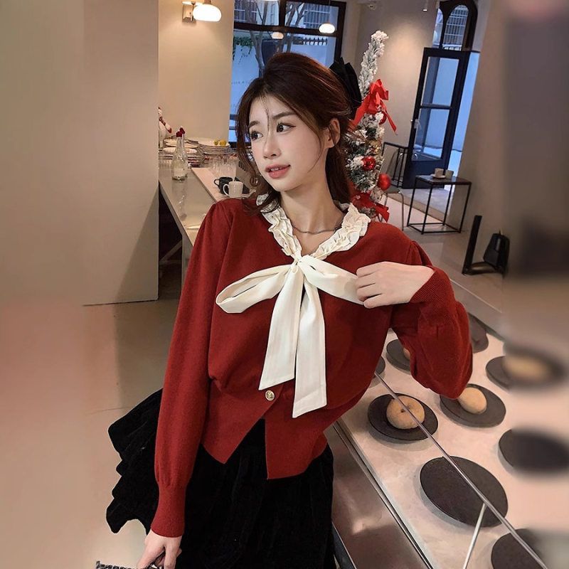 小个子小众显瘦开衫AsG红色针织蝴蝶结秋季打底搭ony蕾丝本命毛