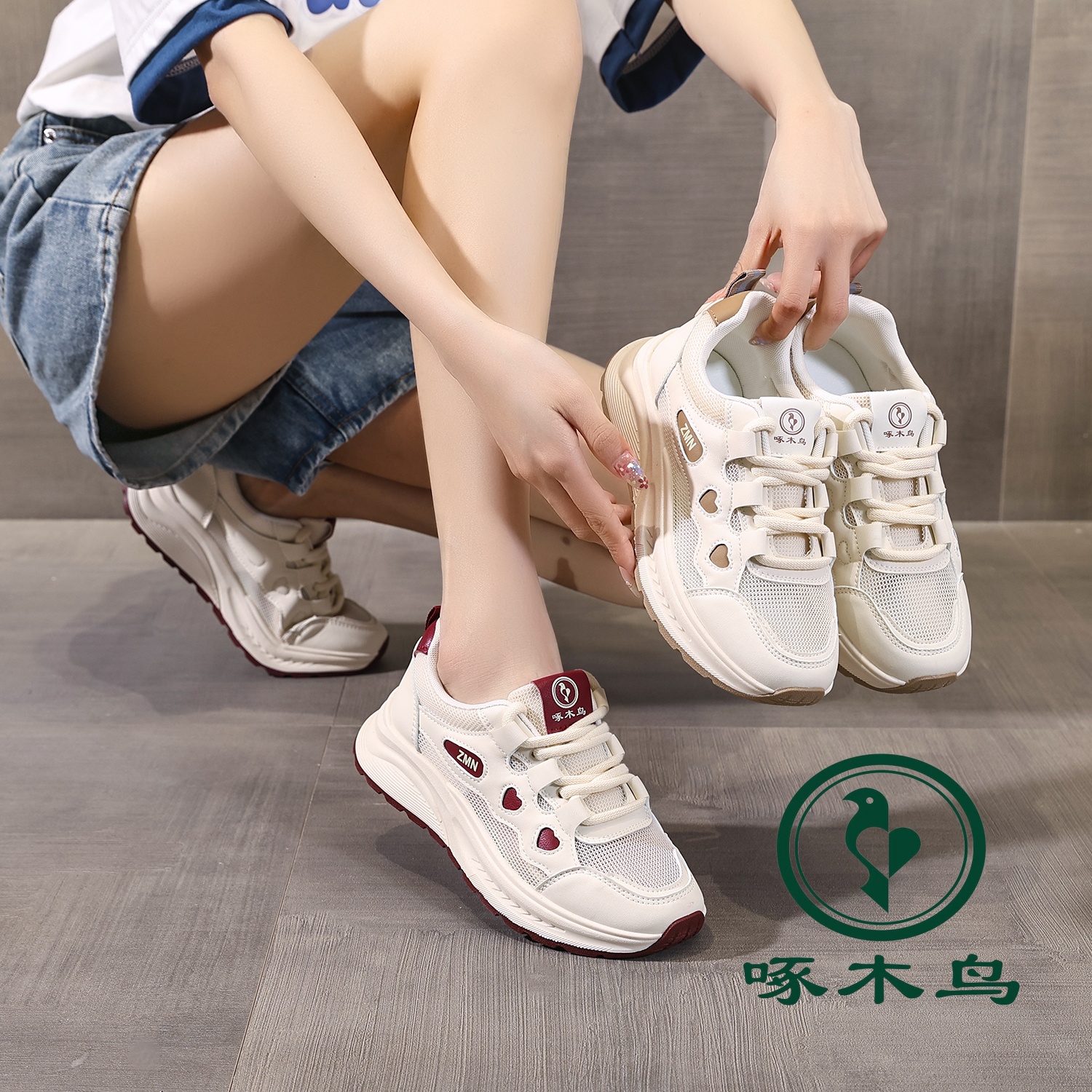 啄木鸟女鞋老爹鞋女2025夏季新款百搭舒适显脚小单网透气运动鞋