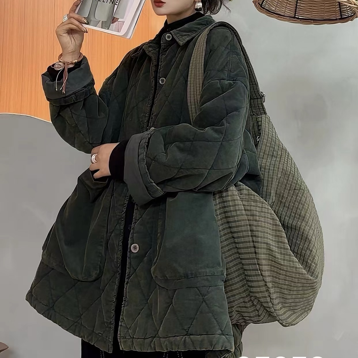 新款秋冬休闲大口袋正品复古做旧色大版格纹棉服单排扣外套