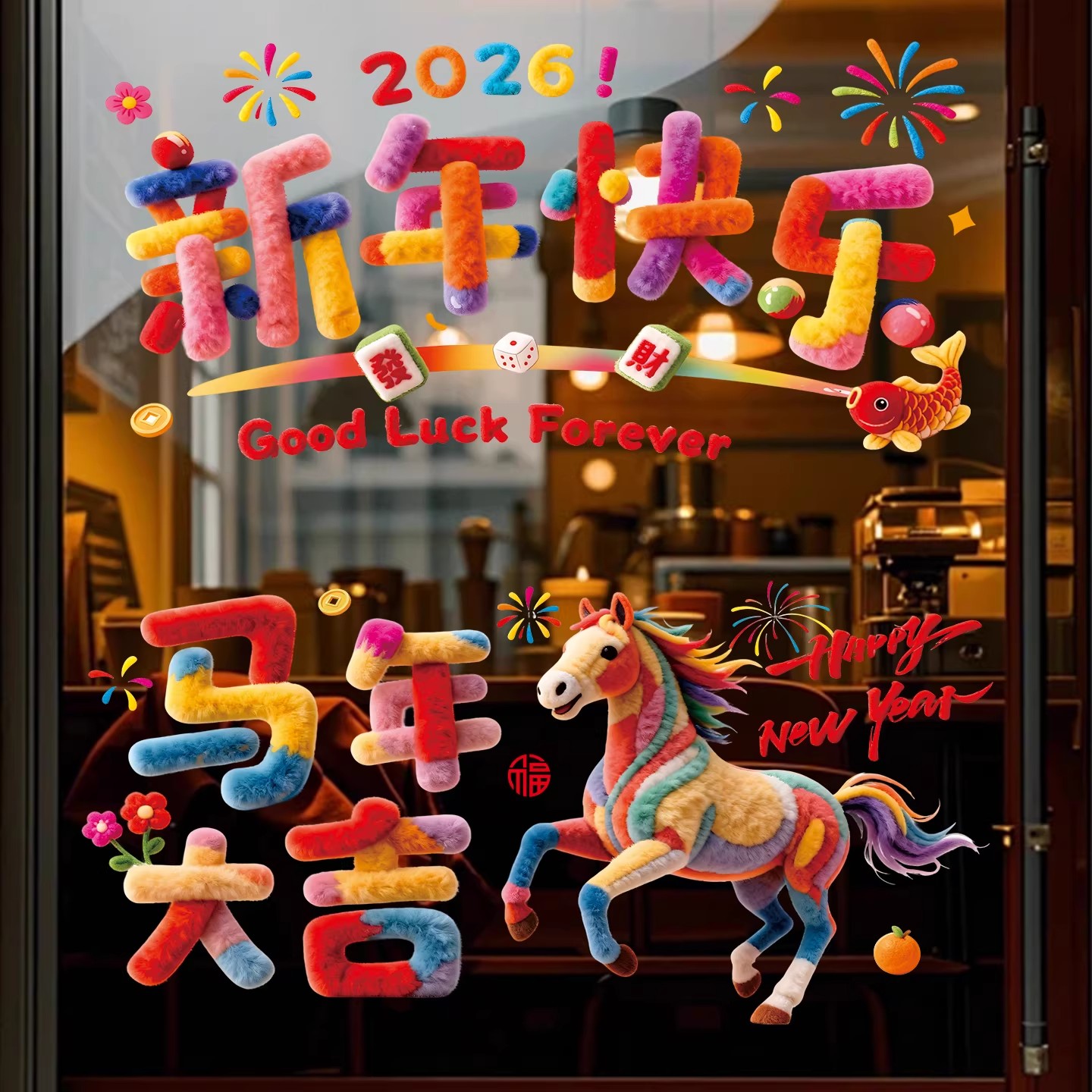 马年静电仿毛绒窗贴5D立体感新年窗贴商场店铺幼儿园玻璃窗花客厅