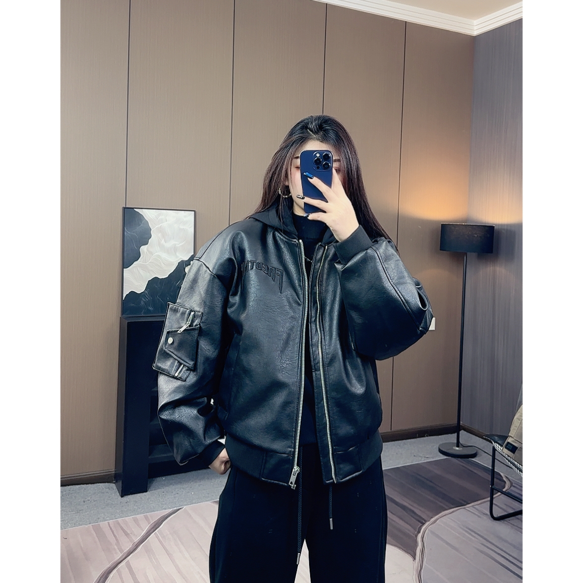 冬季美式硬核90白鸭绒PU皮衣羽绒服廓形连帽可拆保暖设计感男上衣