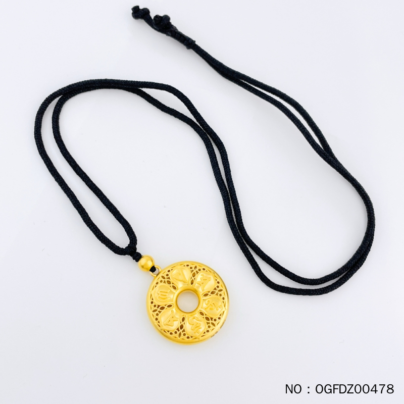 足金999古法空心六字真言平安扣吊坠（含珠子）